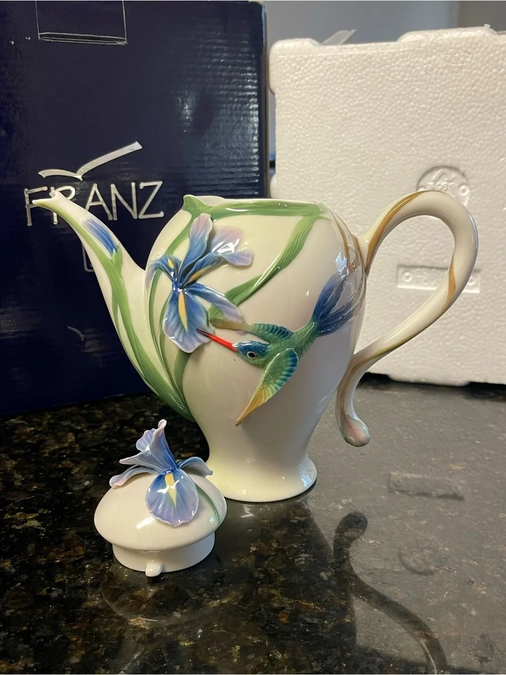 Franz Porcelain Hummingbird Tea Pot - Blue & Green Accents - Original Packaging